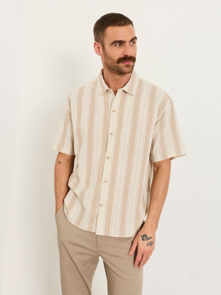FatFace Natural Short Sleeve Relaxed Fit Linen Cotton Stripe Shirt - Image 1 of 6