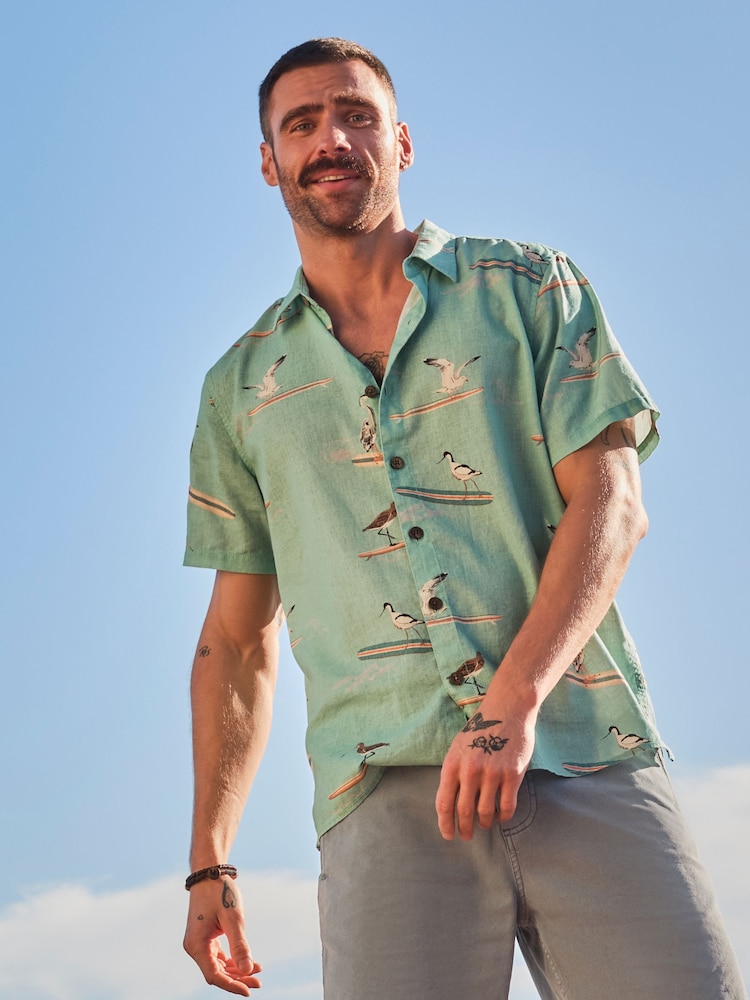 FatFace Light Teal Short Sleeve Relaxed Fit Bird Print Shirt - Image 1 of 8