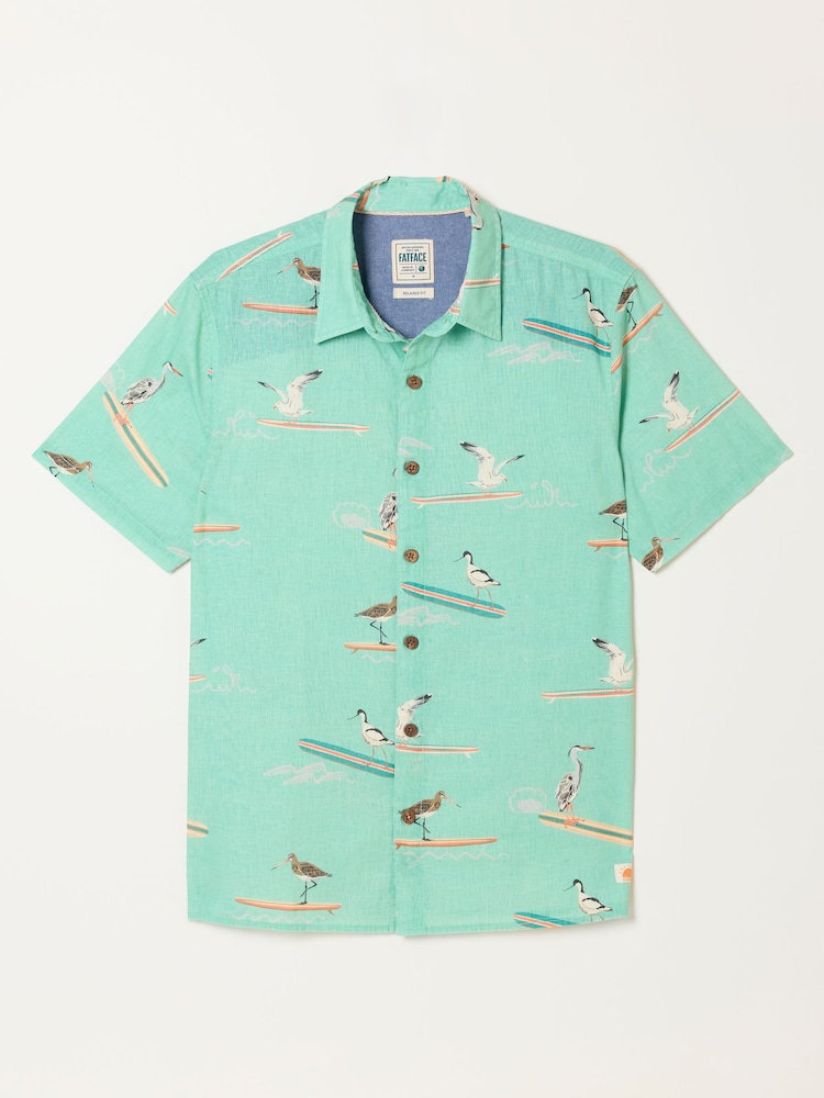 FatFace Light Teal Short Sleeve Relaxed Fit Bird Print Shirt - Image 8 of 8