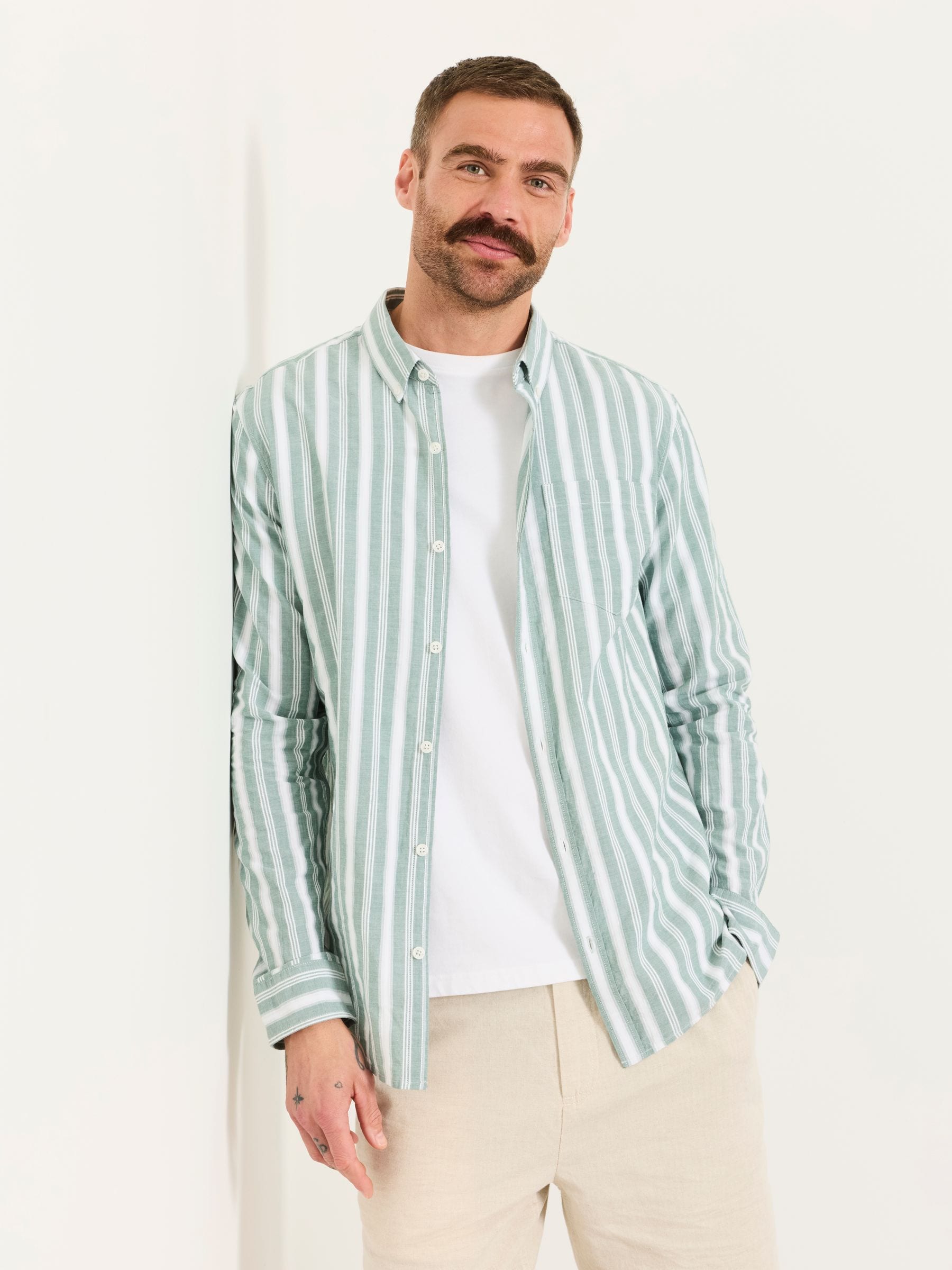 Fat Face Men's Green Fatface Long Sleeve Fynn Stripe Shirt