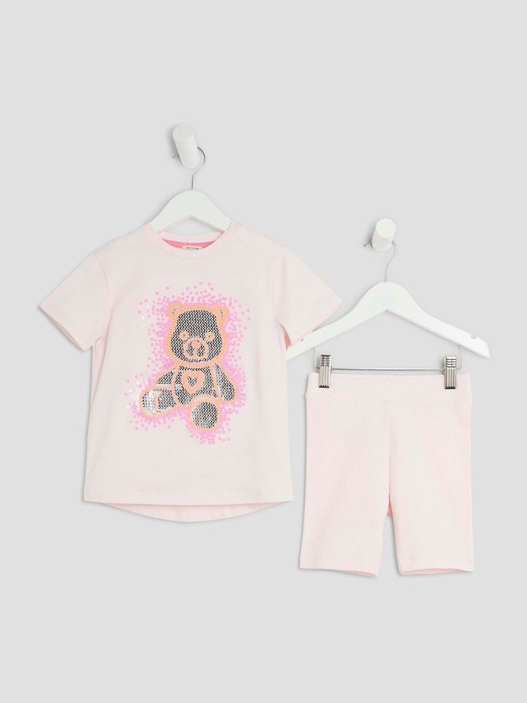 River Island Pink Girls Sequin Bear Shorts Set - Image 1 of 5