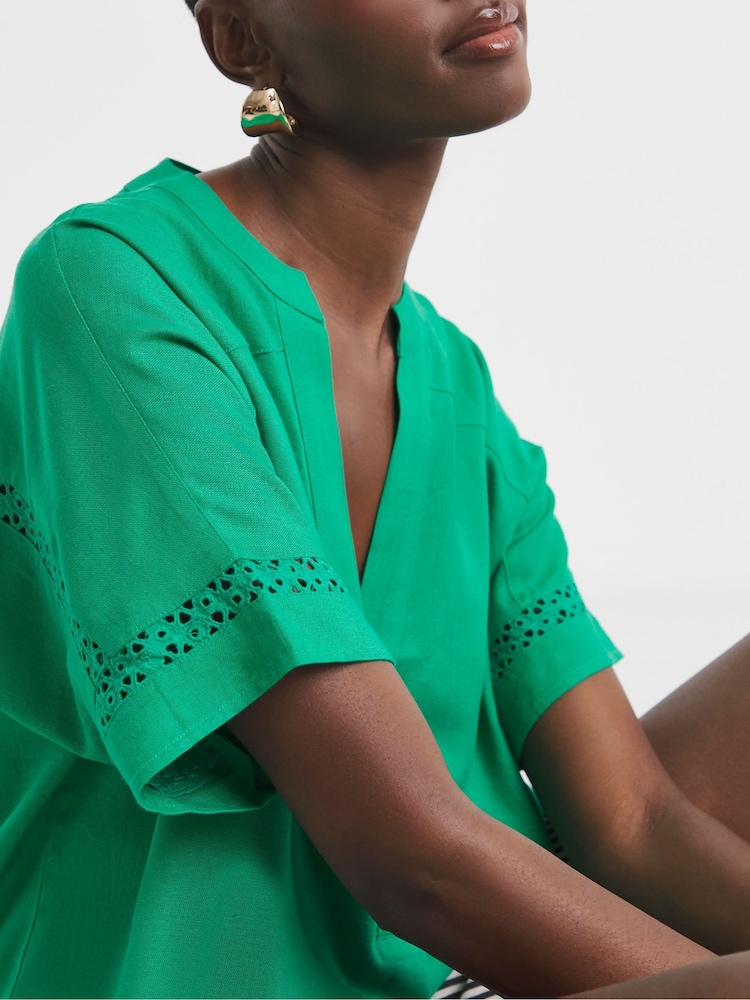 JD Williams Green Crochet Trim Linen Popover Top - Image 1 of 4 JD Williams Green Crochet Trim Linen Popover Top - Image 1 of 4