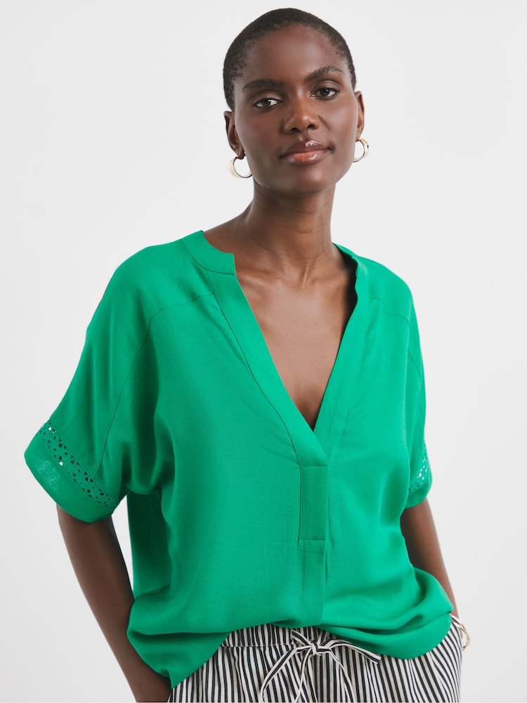JD Williams Green Crochet Trim Linen Popover Top - Image 2 of 4