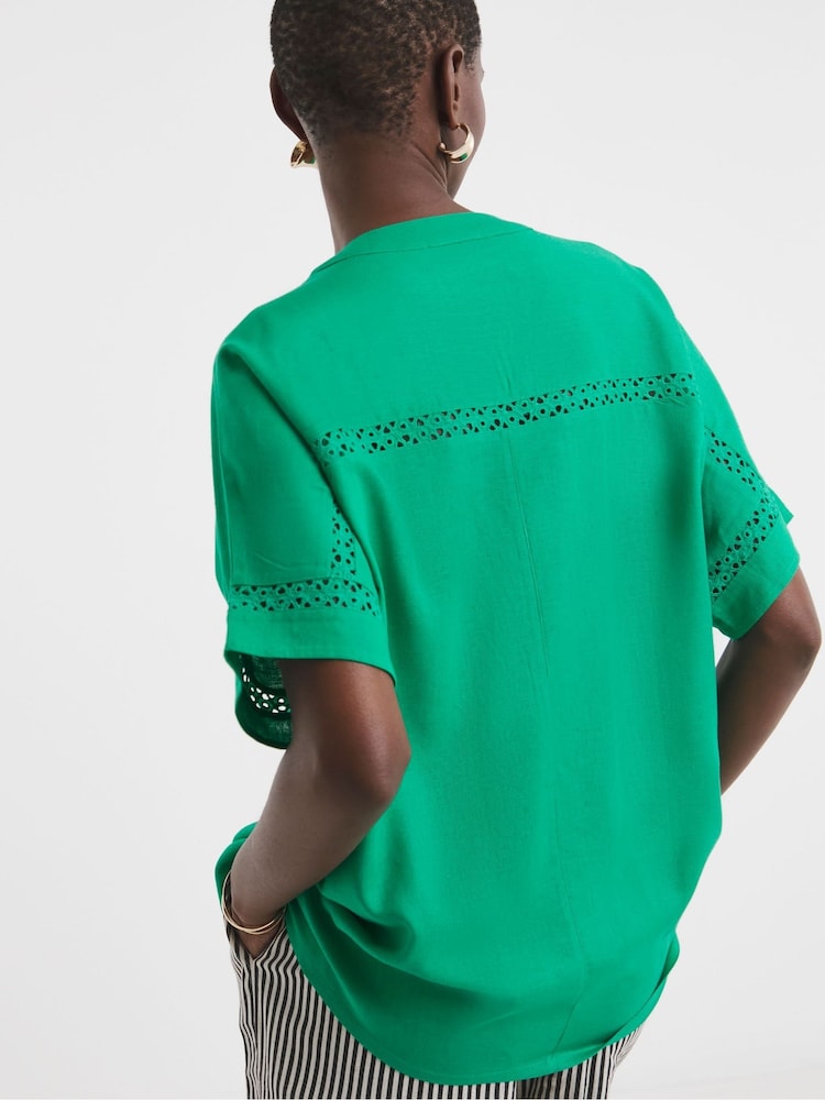 JD Williams Green Crochet Trim Linen Popover Top - Image 4 of 4