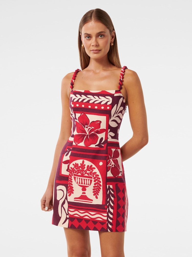 Forever New Red Linen Blend Sasha Strappy Printed Mini Dress - Image 1 of 5
