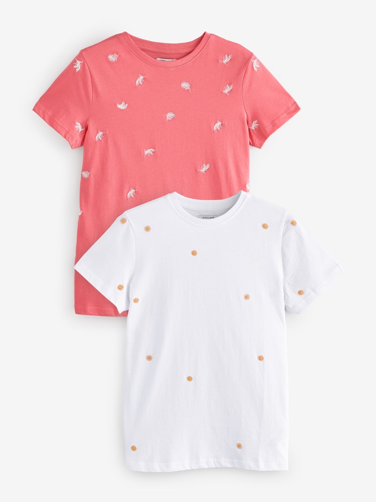 JD Williams White / Pink 2 Pack Of Embroidered Crew Neck T-Shirts - Image 1 of 3 JD Williams White / Pink 2 Pack Of Embroidered Crew Neck T-Shirts - Image 1 of 3