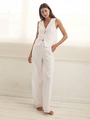 Forever New White Daisy Broderie Wide Leg 100% Cotton Joggers - Image 1 of 5
