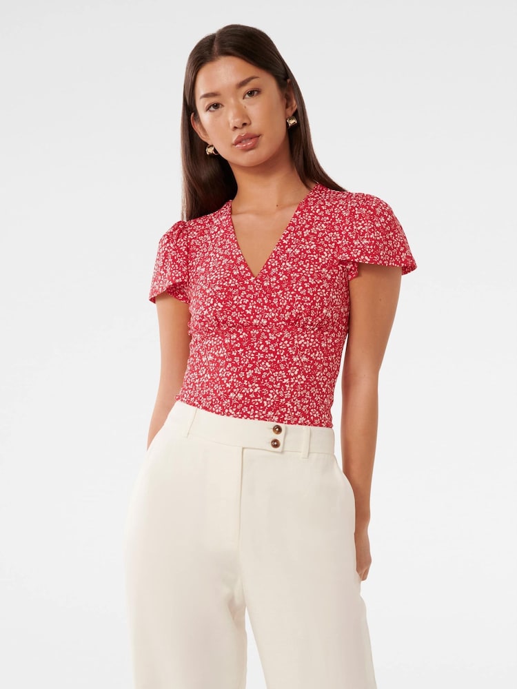 Forever New Red Lulu Printed Flutter Sleeves Top - Image 1 of 5 Forever New Red Lulu Printed Flutter Sleeves Top - Image 1 of 5