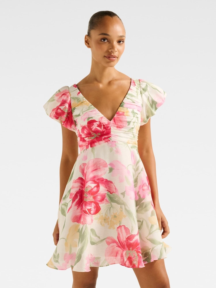 Forever New Red June Ruched V-Neck Mini Dress with Contains Linen - Image 2 of 5