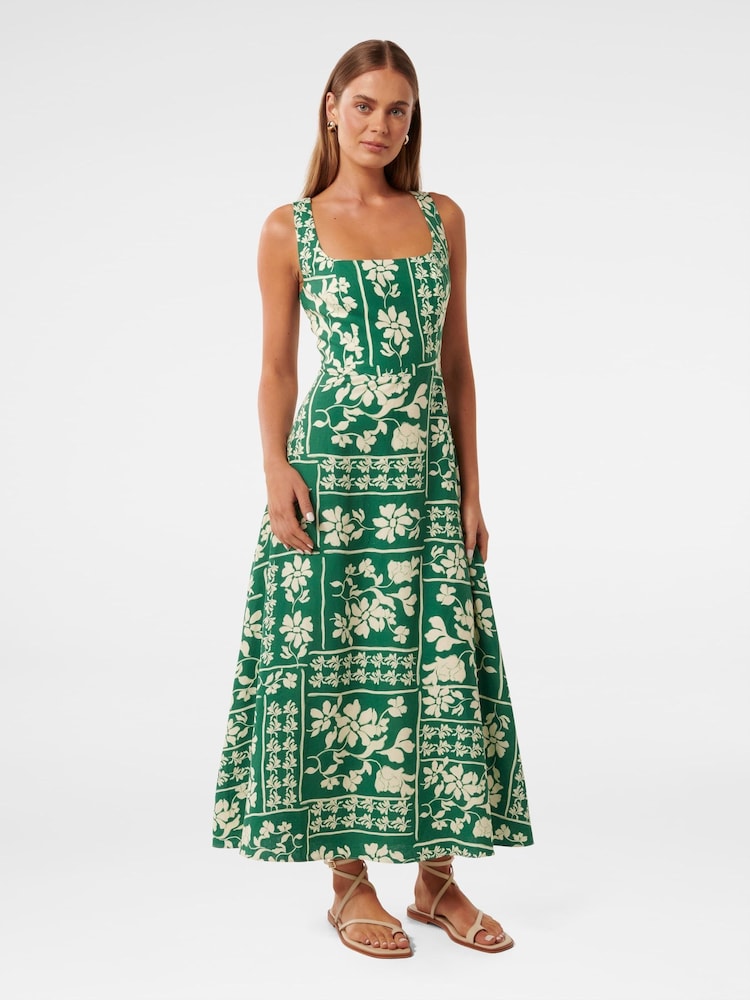 Forever New Green Tori Square Neck Midi Dress with A Touch Of Linen - Image 4 of 4