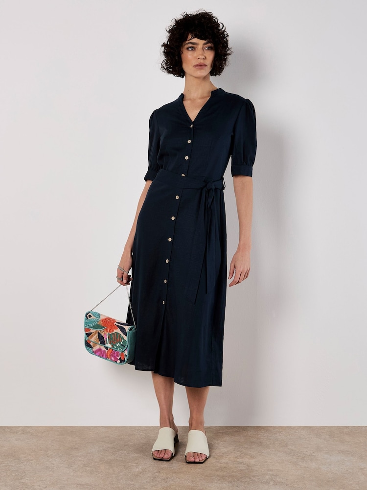 Apricot Black Grandad Collar Lin Mix Midi Dress - Image 1 of 5 Apricot Black Grandad Collar Lin Mix Midi Dress - Image 1 of 5