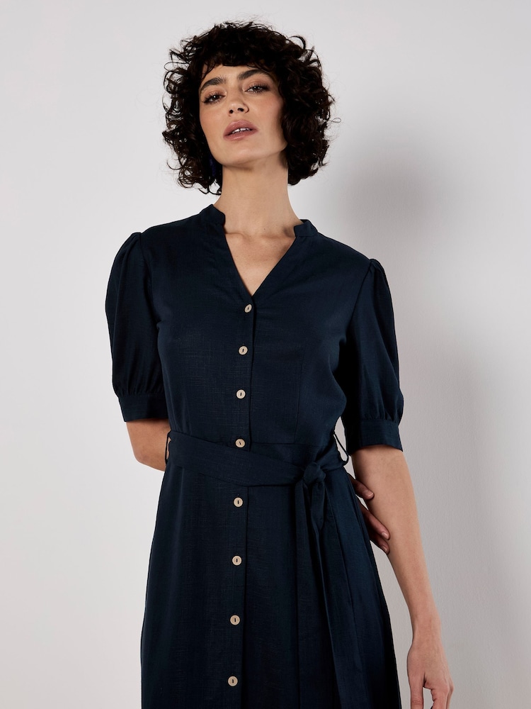 Apricot Black Grandad Collar Lin Mix Midi Dress - Image 2 of 5 Apricot Black Grandad Collar Lin Mix Midi Dress - Image 2 of 5