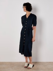 Apricot Black Grandad Collar Lin Mix Midi Dress - Image 4 of 5