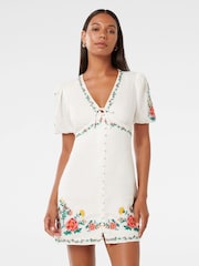 Forever New White Pure Linen Veanne Embroidered Tea Mini Dress - Image 1 of 5
