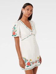 Forever New White Pure Linen Veanne Embroidered Tea Mini Dress - Image 4 of 5