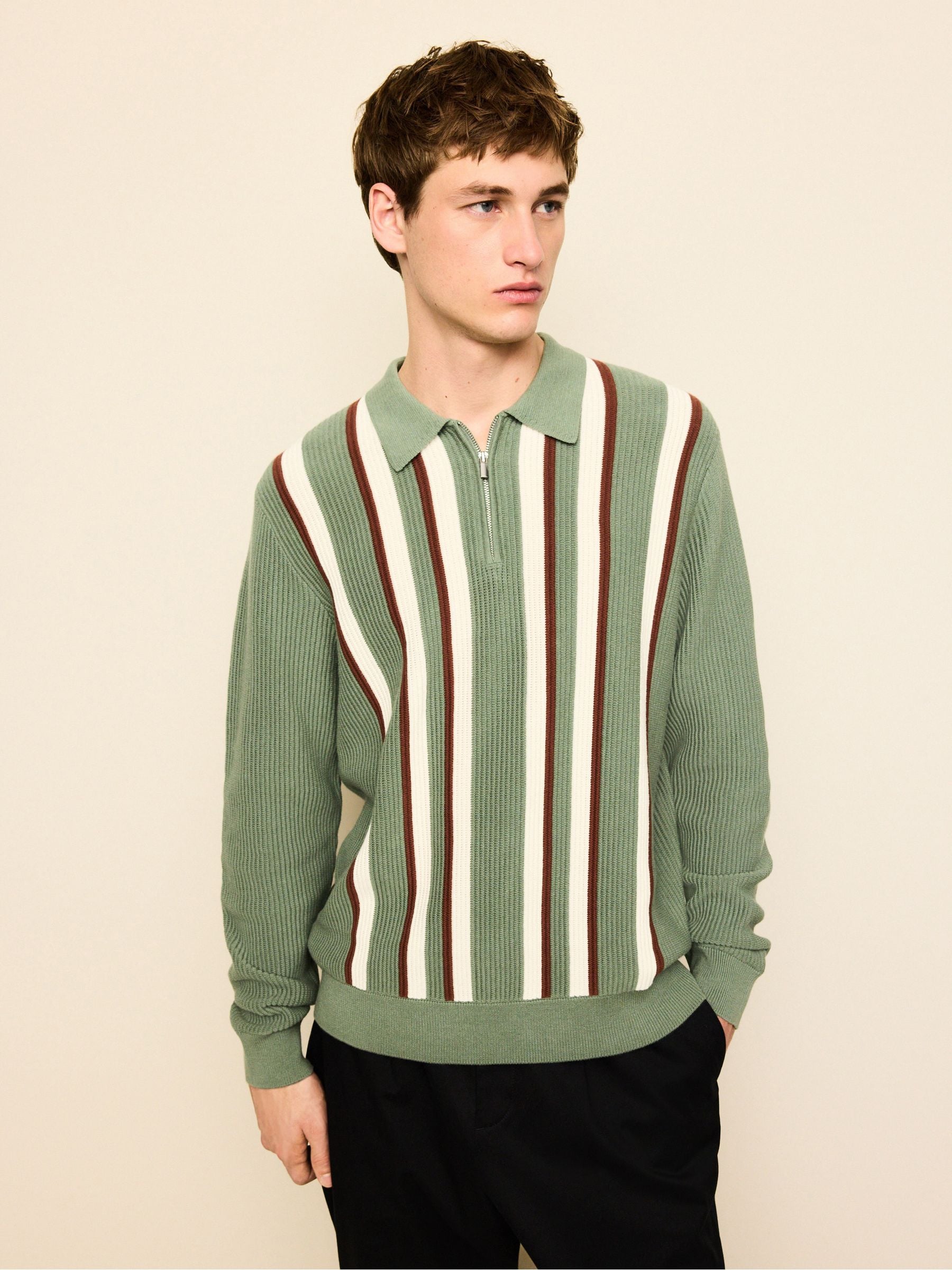 Buy Sage Green Regular Fit Long Sleeve Stripe Zip Neck Knit Polo