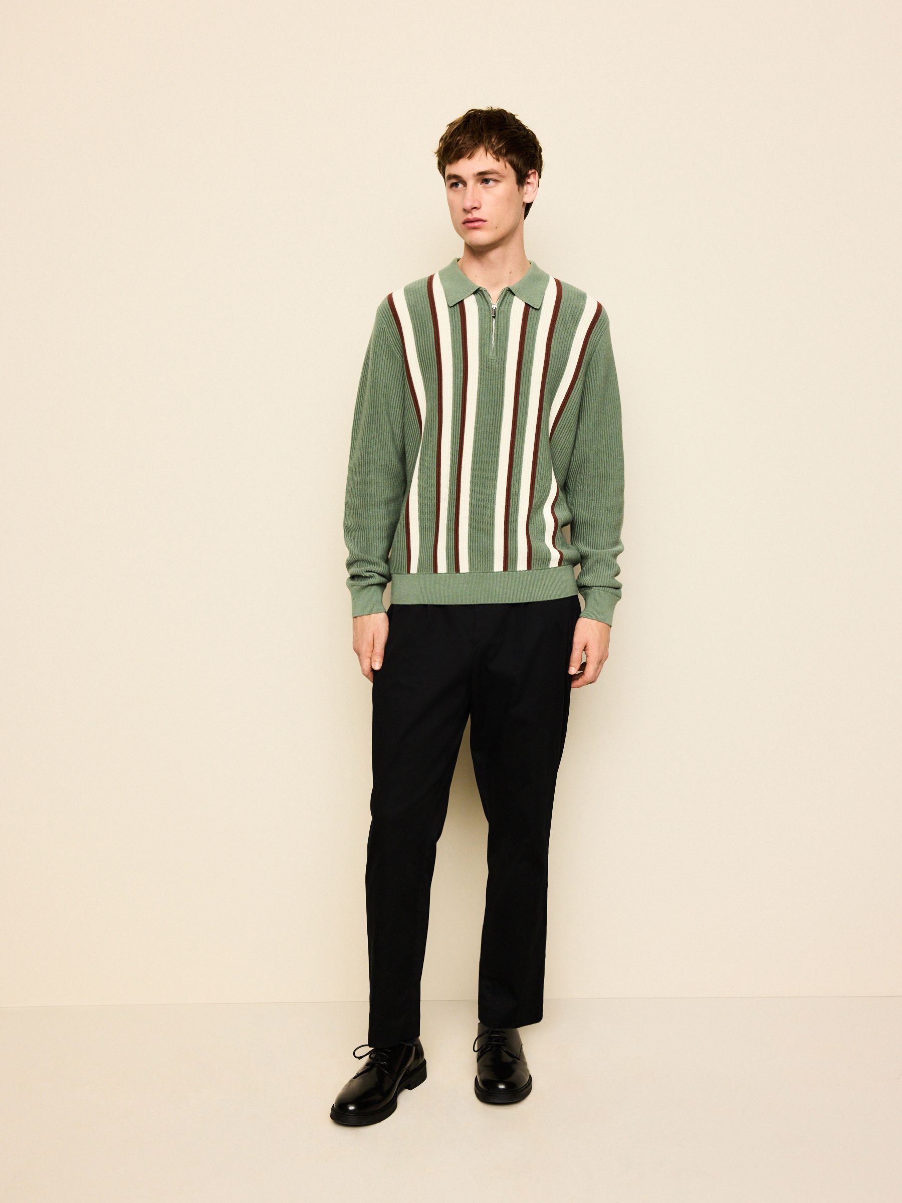 Buy Sage Green Regular Fit Long Sleeve Stripe Zip Neck Knit Polo