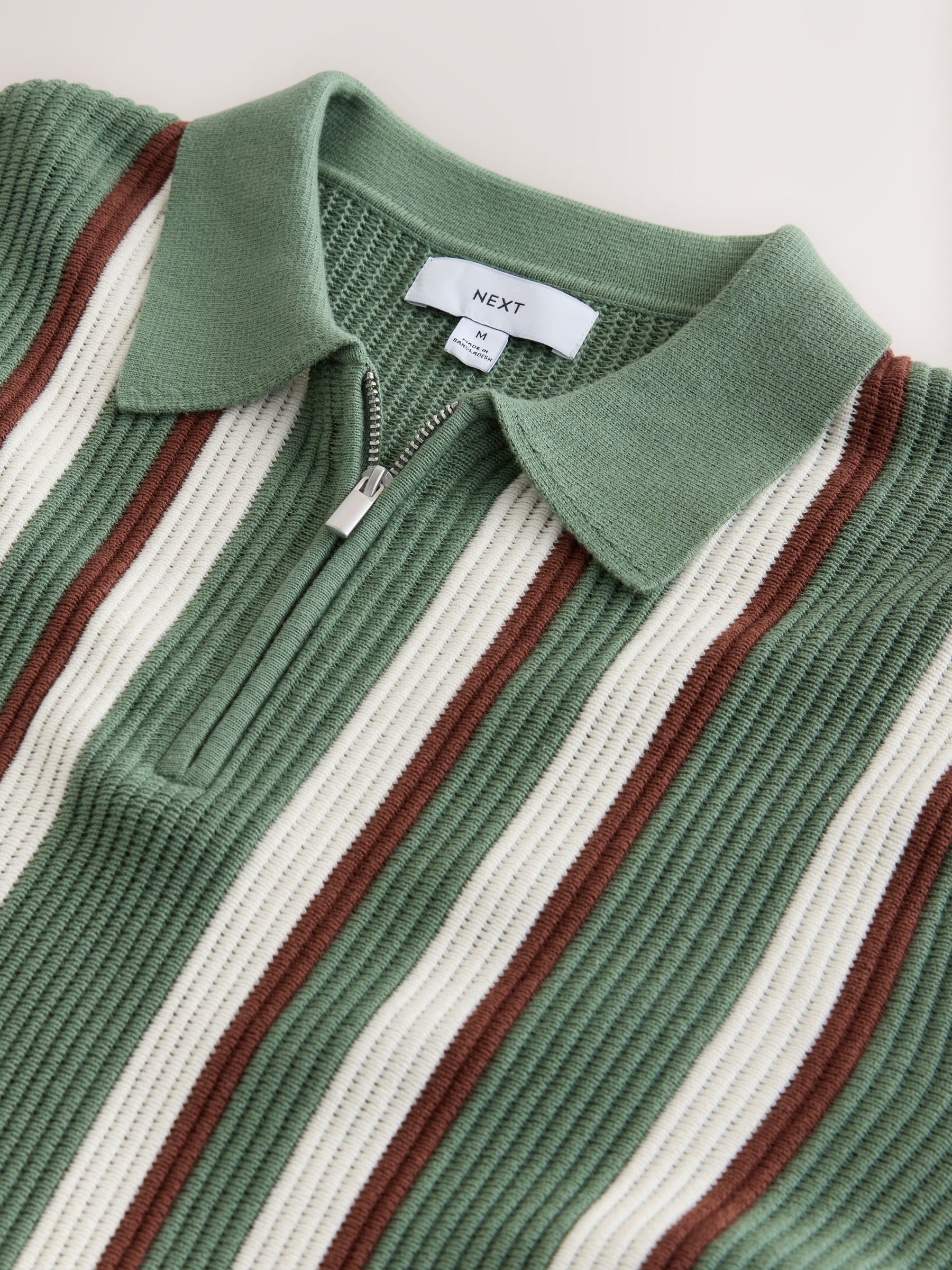Buy Sage Green Regular Fit Long Sleeve Stripe Zip Neck Knit Polo