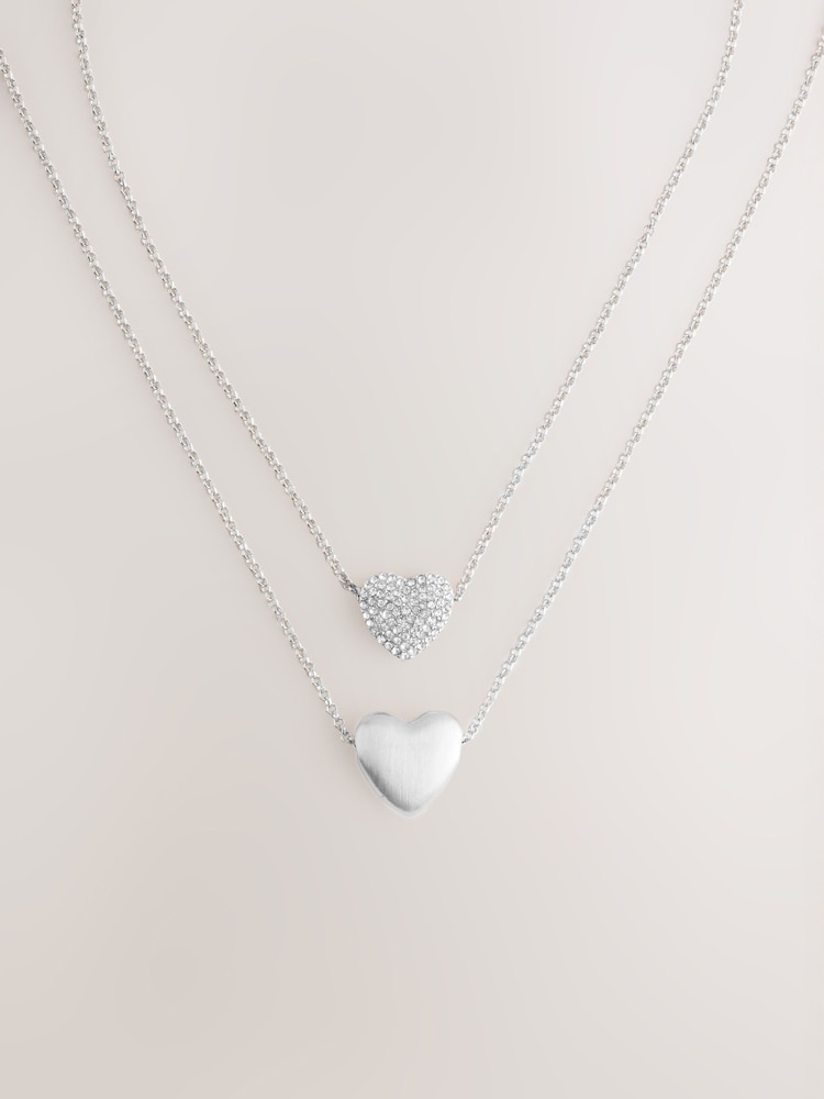 Silver Tone Two Row Pavé Heart Necklace - Image 3 of 5