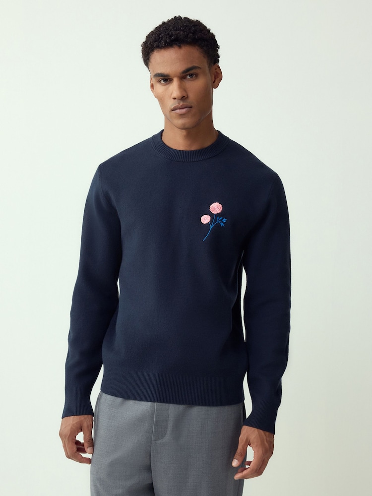 Navy Blue Relaxed Fit Floral Graphic Print Crew Neck Jumper - Image 1 of 5 Navy Blue Relaxed Fit Floral Graphic Print Crew Neck Jumper - Image 1 of 5