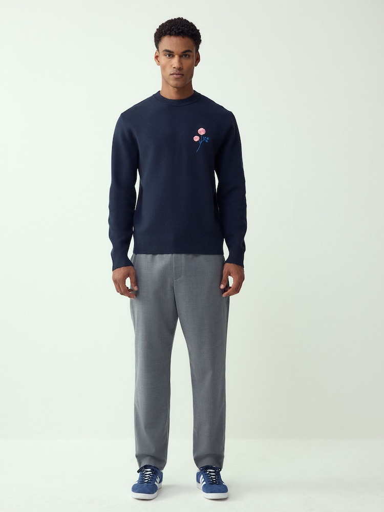 Navy Blue Relaxed Fit Floral Graphic Print Crew Neck Jumper - Image 2 of 5 Navy Blue Relaxed Fit Floral Graphic Print Crew Neck Jumper - Image 2 of 5