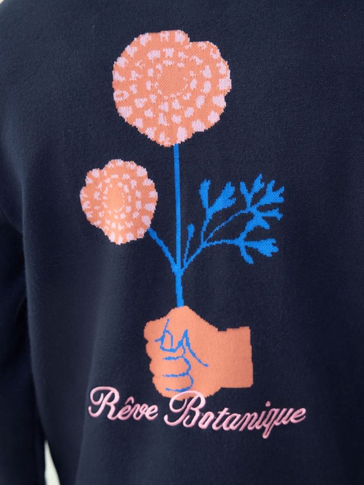 Navy Blue Relaxed Fit Floral Graphic Print Crew Neck Jumper - Image 5 of 5 Navy Blue Relaxed Fit Floral Graphic Print Crew Neck Jumper - Image 5 of 5