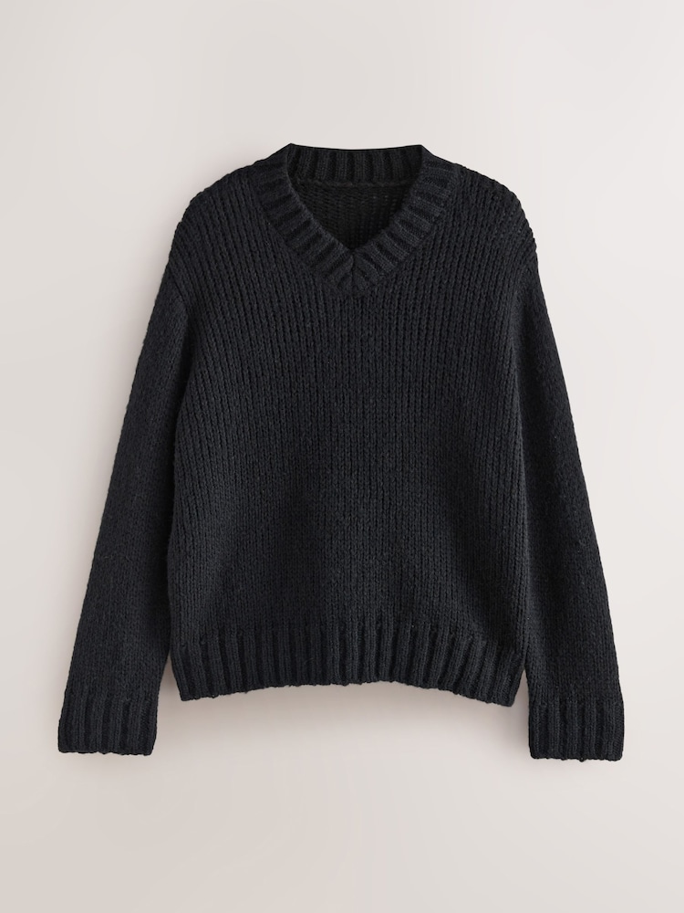 Nothing Ordinary Black Knitted Shallow V-Neck Jumper - Image 1 of 3 Nothing Ordinary Black Knitted Shallow V-Neck Jumper - Image 1 of 3
