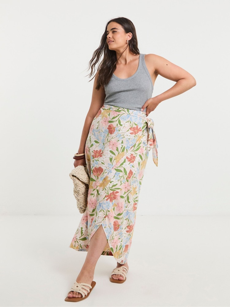 Simply Be Pink Printed Linen Blend Wrap Midaxi Skirt - Image 1 of 4