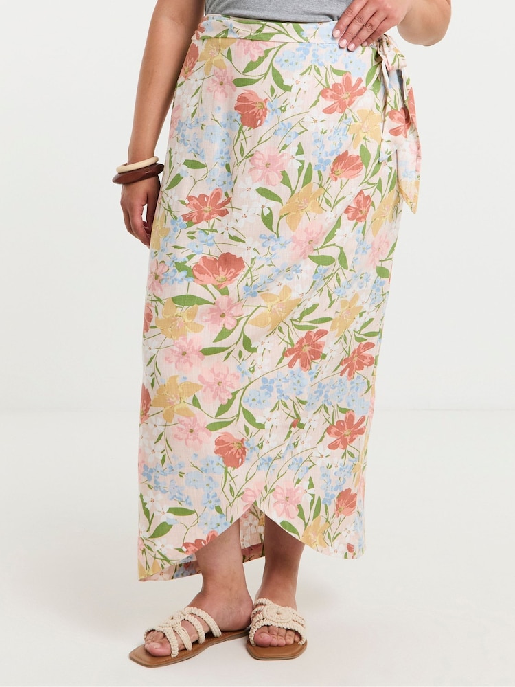 Simply Be Pink Printed Linen Blend Wrap Midaxi Skirt - Image 4 of 4