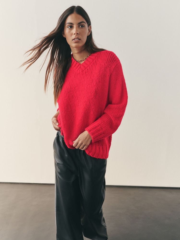 Nothing Ordinary Red Knitted Shallow V-Neck Jumper - Image 1 of 13 Nothing Ordinary Red Knitted Shallow V-Neck Jumper - Image 1 of 13