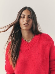Nothing Ordinary Red Knitted Shallow V-Neck Jumper - Image 6 of 13