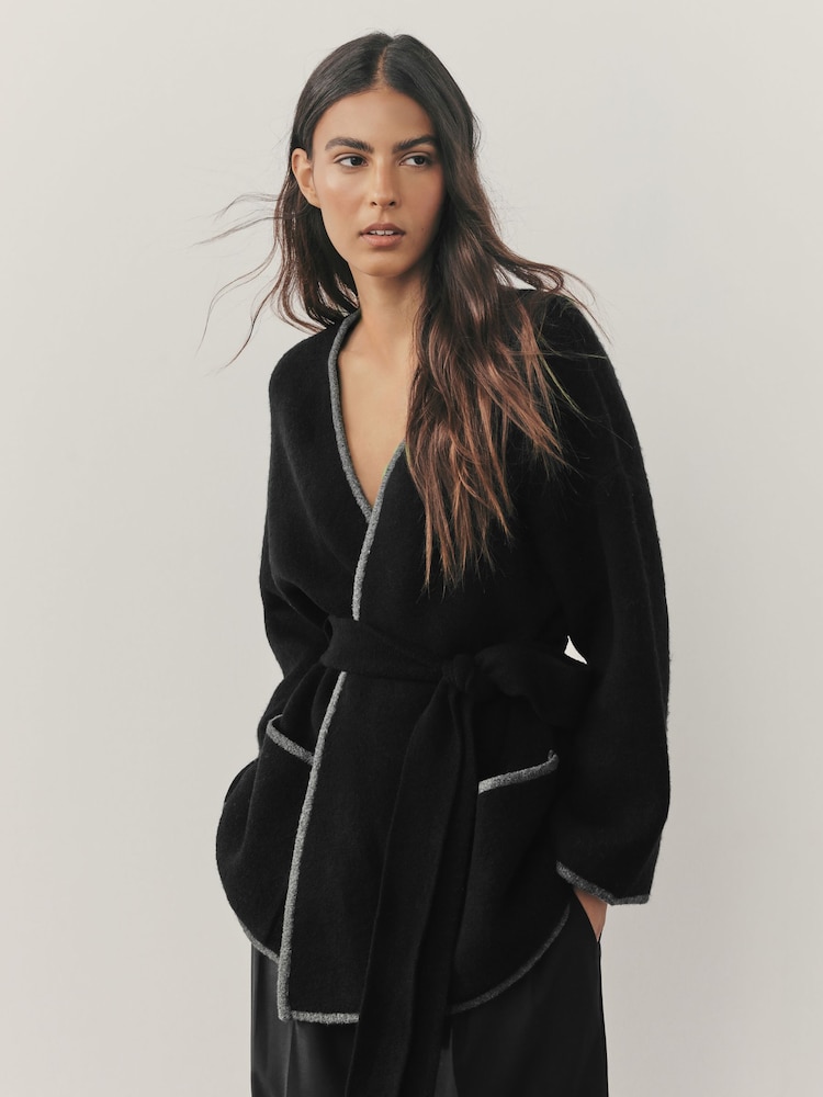 Nothing Ordinary Black Contrast Tipping Knitted Wrap Waist Cardigan - Image 1 of 8 Nothing Ordinary Black Contrast Tipping Knitted Wrap Waist Cardigan - Image 1 of 8