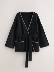 Nothing Ordinary Black Contrast Tipping Knitted Wrap Waist Cardigan - Image 6 of 8