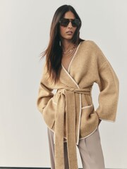 Nothing Ordinary Camel Contrast Tipping Knitted Wrap Waist Cardigan - Image 1 of 8