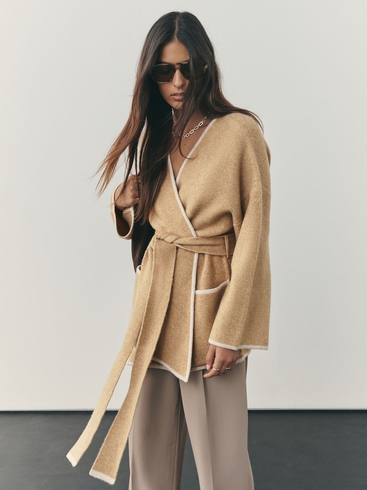 Nothing Ordinary Camel Contrast Tipping Knitted Wrap Waist Cardigan - Image 1 of 8 Nothing Ordinary Camel Contrast Tipping Knitted Wrap Waist Cardigan - Image 1 of 8