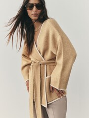 Nothing Ordinary Camel Contrast Tipping Knitted Wrap Waist Cardigan - Image 2 of 8