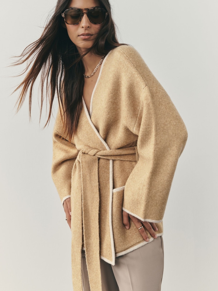 Nothing Ordinary Camel Contrast Tipping Knitted Wrap Waist Cardigan - Image 2 of 8 Nothing Ordinary Camel Contrast Tipping Knitted Wrap Waist Cardigan - Image 2 of 8