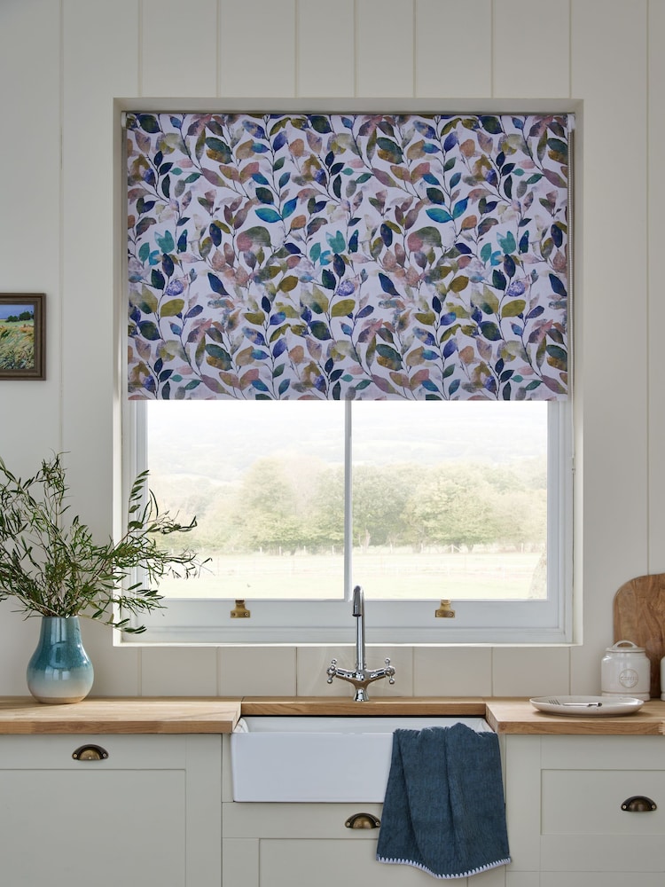 Multicoloured Ready Made Blackout Bathroom Roller Blinds Leaves Print - Image 1 of 6
