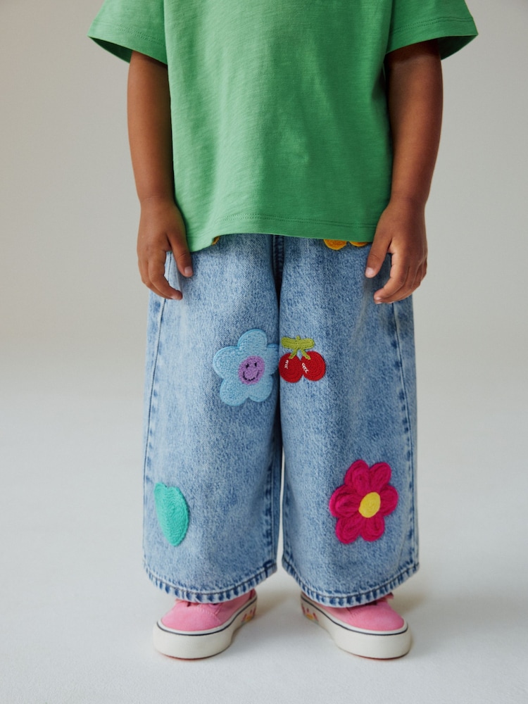 أزرق متوسط - Crochet Embellished Wide leg Jeans (3mths-7yrs) - صورة 1 من 4