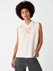 Whistles White Floral Crochet 100% Cotton V-Neck Tank - Image 2 of 5