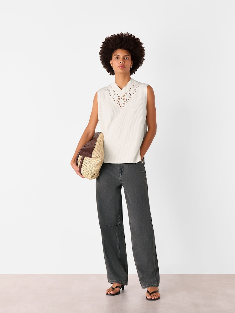 Whistles White Floral Crochet 100% Cotton V-Neck Tank - Image 5 of 5