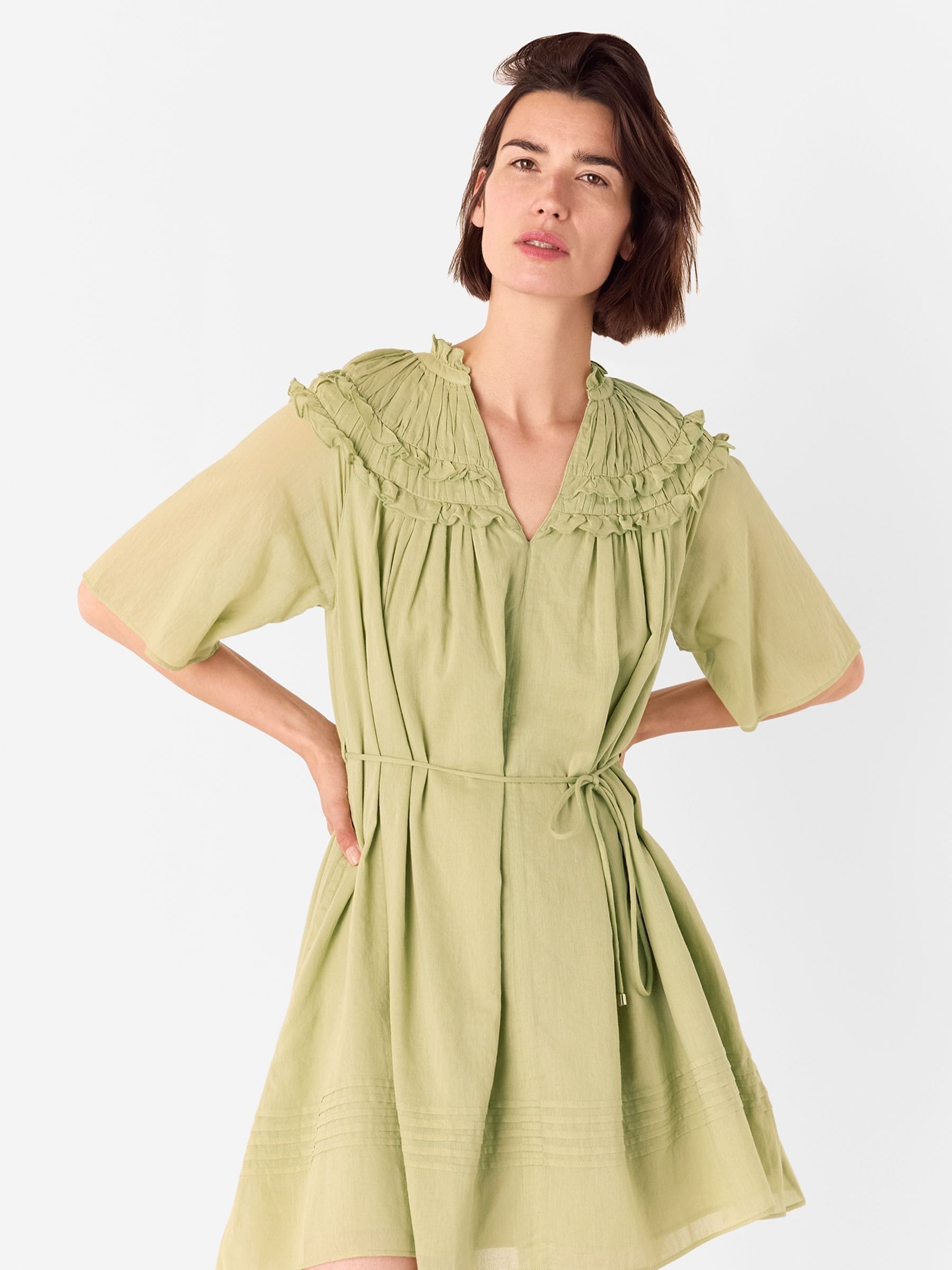 Whistles Green Frill 100% Cotton Mini Dress