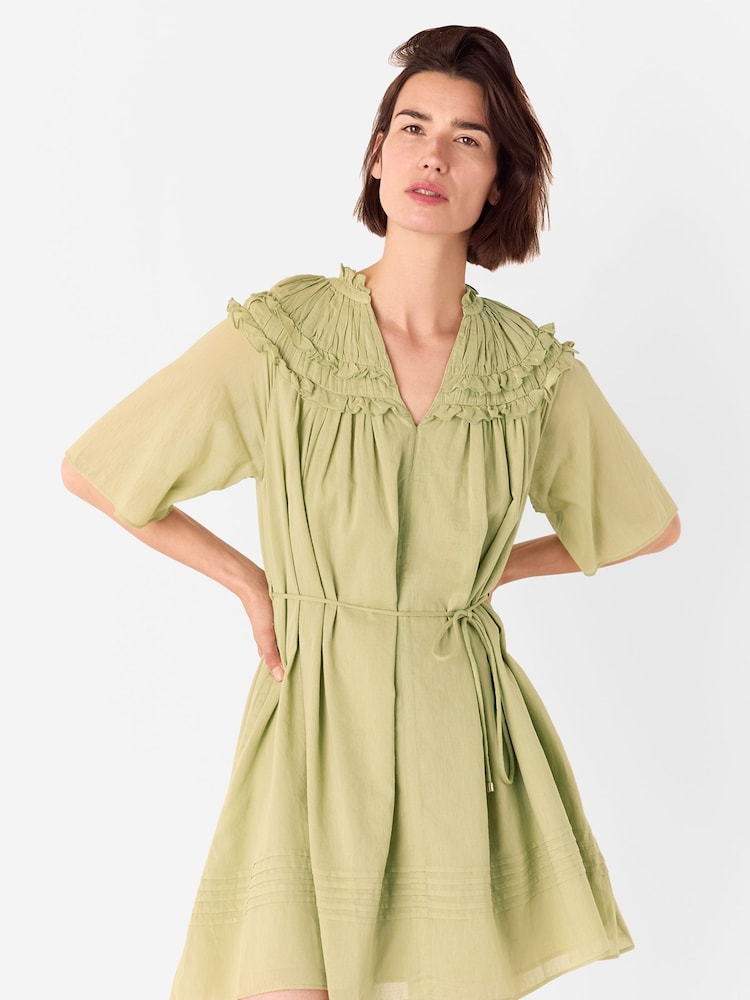 Whistles Green Frill 100% Cotton Mini Dress - Image 1 of 5