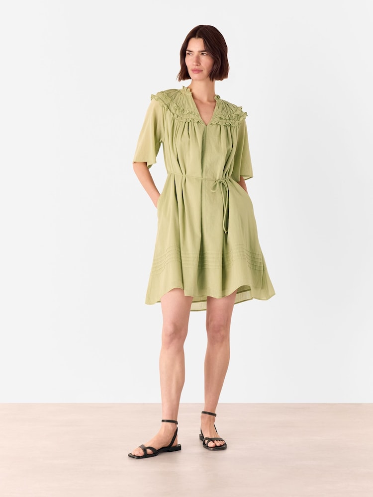 Whistles Green Frill 100% Cotton Mini Dress - Image 2 of 5