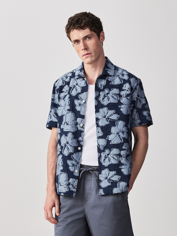 أزرق - قميص جاكار مزيّن بطبعة كُم قصير - صورة 1 من 7