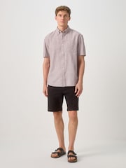 Purple Standard Collar Cotton Linen Blend Short Sleeve Shirt - Image 2 of 8