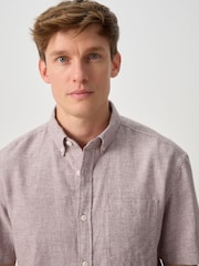 Purple Standard Collar Cotton Linen Blend Short Sleeve Shirt - Image 4 of 8