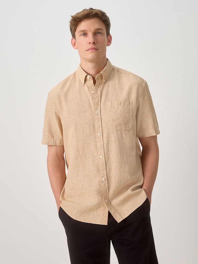 Orange Standard Collar Cotton Linen Blend Short Sleeve Shirt - Image 1 of 8