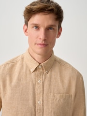 Orange Standard Collar Cotton Linen Blend Short Sleeve Shirt - Image 4 of 8