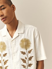 Neutral Textured Embroidered Floral Short Sleeve Shirt - Image 4 of 7